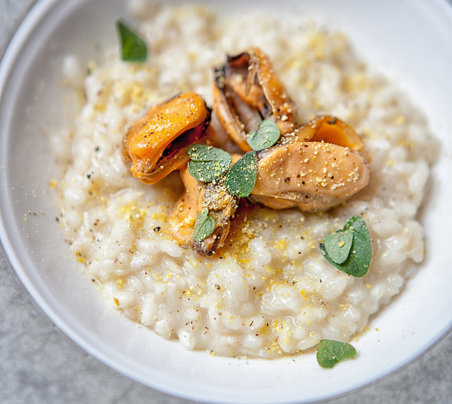 Risotto alle cozze, provolone del monaco e polvere di limone